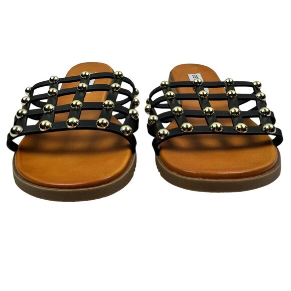 Steve Madden Beil Black With Gold Studs Caged Flat Sandals Women's Size 9 - Picture 2 of 5